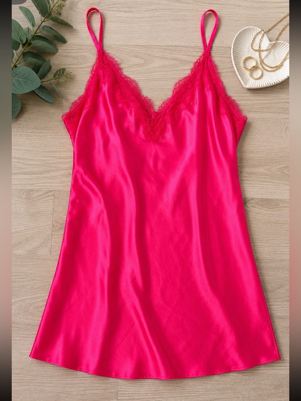 Victoria’s Secret Hot Pink Satin Lace Trim Chemise Slip Nightgown 54644